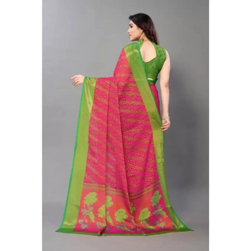 Generic Women's Viscose Rayon Printed Saree With Unstitched Blouse (Pink) - Image 3