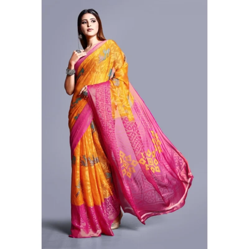 Generic Women's Viscose Rayon Printed Saree With Unstitched Blouse (Yellow) - Image 3