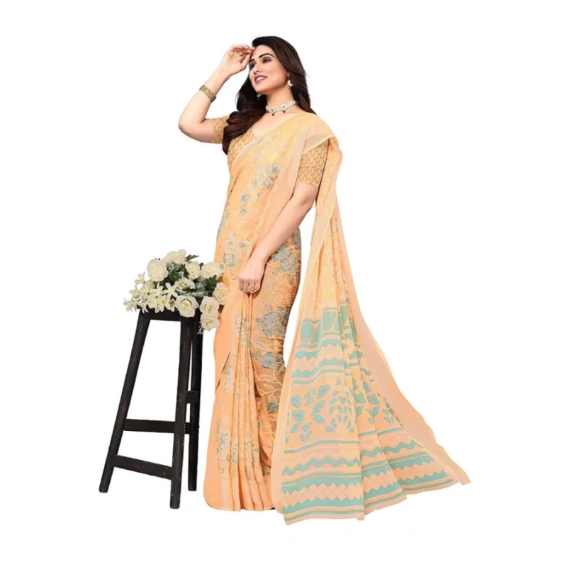 Generic Women's Viscose Rayon Printed Saree With Unstitched Blouse (Orange) - Image 4