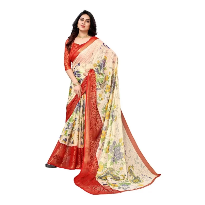 Generic Women's Viscose Rayon Printed Saree With Unstitched Blouse (Red) - Image 3