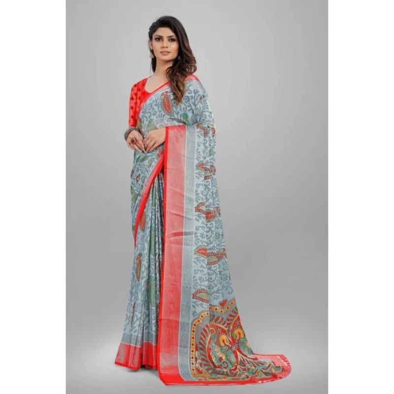 Generic Women's Viscose Rayon Printed Saree With Unstitched Blouse (Grey) - Image 4