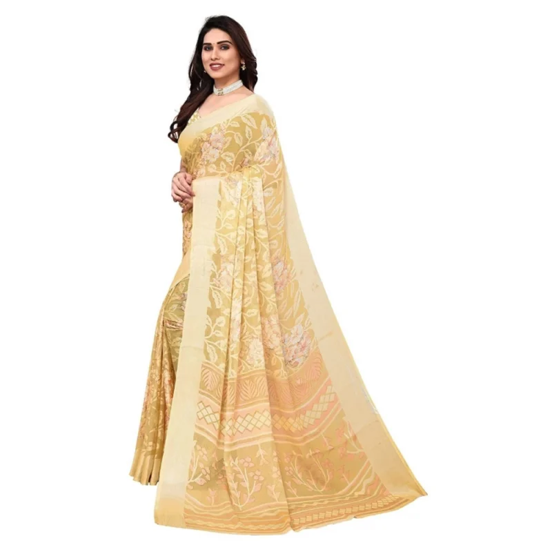 Generic Women's Viscose Rayon Printed Saree With Unstitched Blouse (Yellow) - Image 3