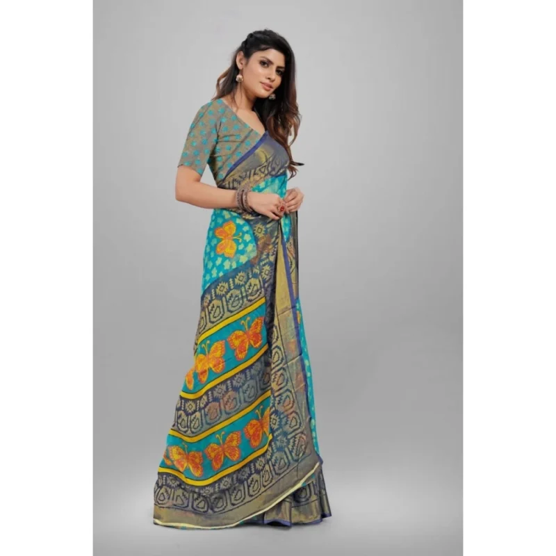 Generic Women's Viscose Rayon Printed Saree With Unstitched Blouse (Sky Blue) - Image 2