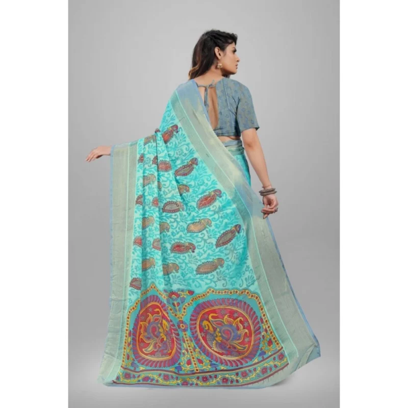 Generic Women's Viscose Rayon Printed Saree With Unstitched Blouse (Sky Blue) - Image 2