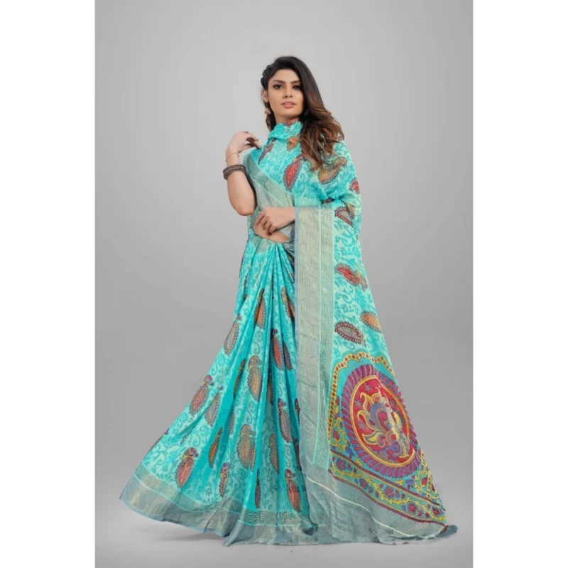 Generic Women's Viscose Rayon Printed Saree With Unstitched Blouse (Sky Blue) - Image 3