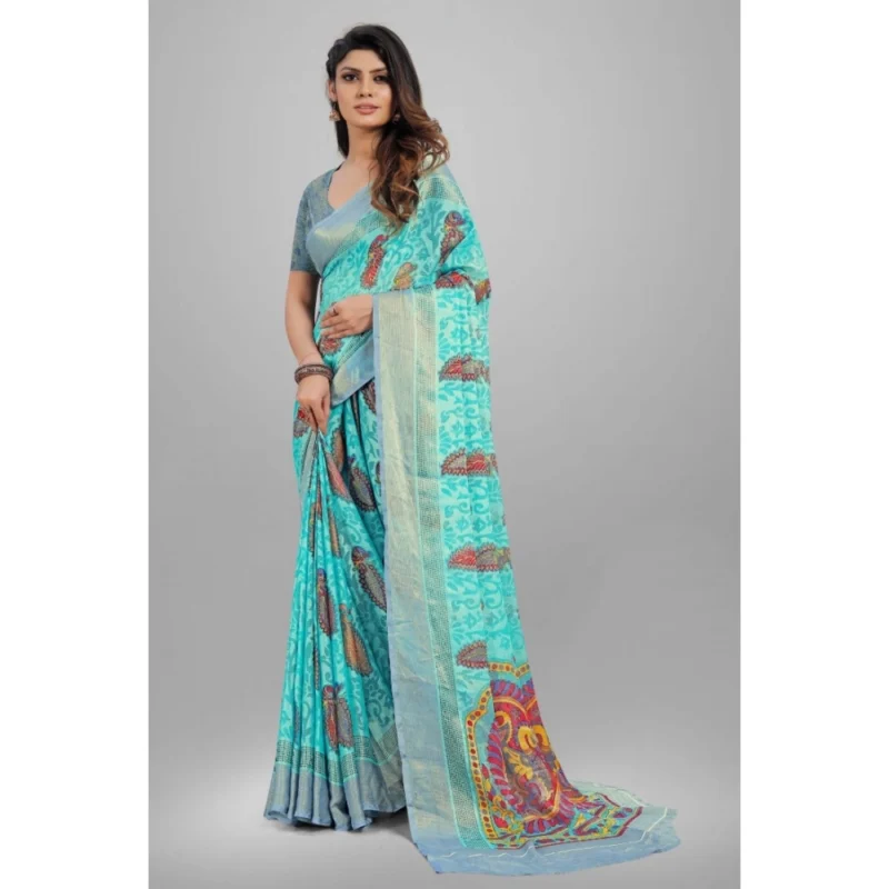 Generic Women's Viscose Rayon Printed Saree With Unstitched Blouse (Sky Blue) - Image 5