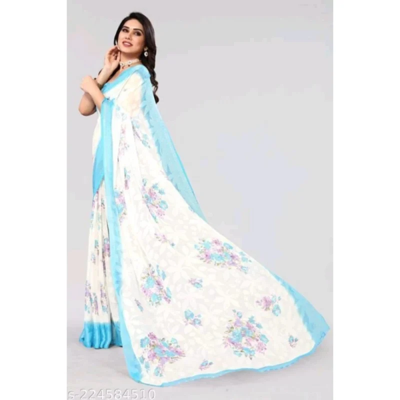 Generic Women's Viscose Rayon Printed Saree With Unstitched Blouse (Sky Blue) - Image 3