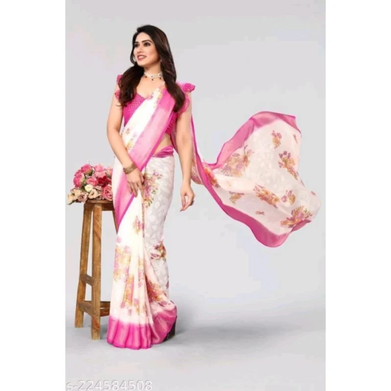 Generic Women's Viscose Rayon Printed Saree With Unstitched Blouse (Pink) - Image 3