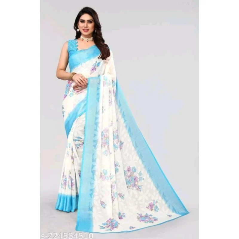 Generic Women's Viscose Rayon Printed Saree With Unstitched Blouse (Sky Blue) - Image 4