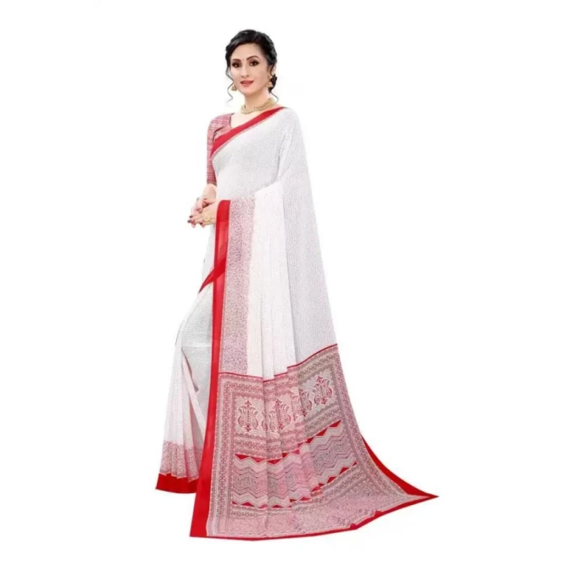 Generic Women's Georgette Printed Saree With Unstitched Blouse (Red) - Image 5