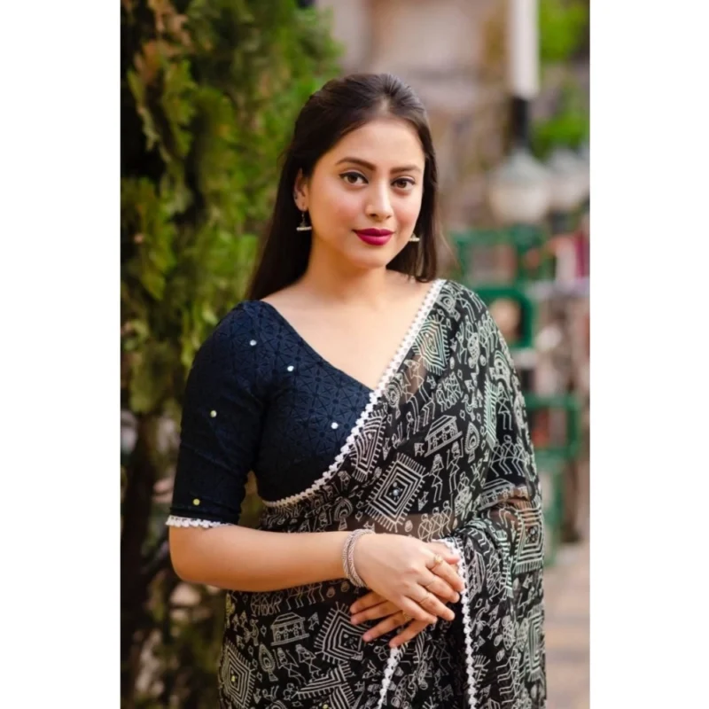 Generic Women's Georgette Printed Saree With Unstitched Blouse (Black) - Image 2