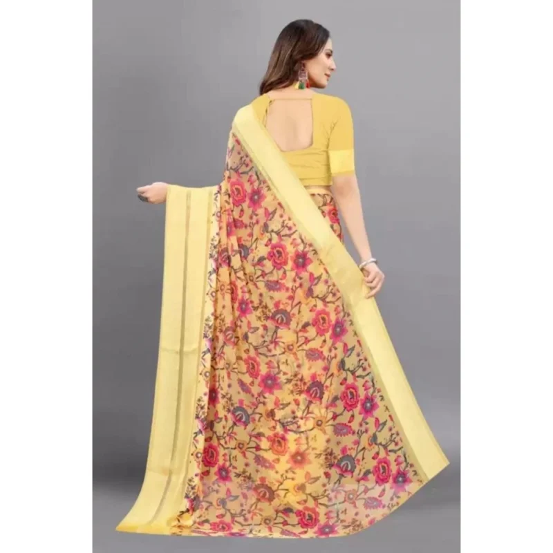 Generic Women's Satin Patta Printed Saree With Unstitched Blouse (Yellow) - Image 3