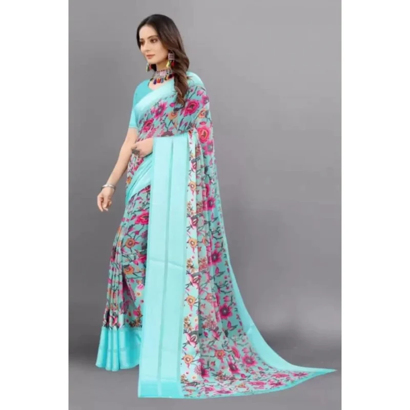 Generic Women's Satin Patta Printed Saree With Unstitched Blouse (Skyblue) - Image 2