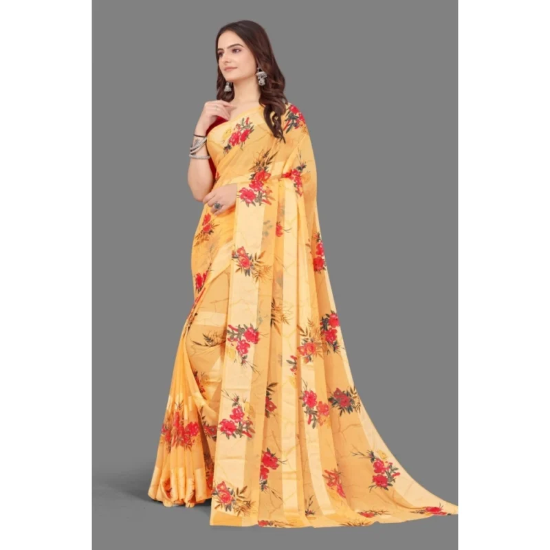 Generic Women's Satin Patta Printed Saree With Unstitched Blouse (Beige) - Image 5