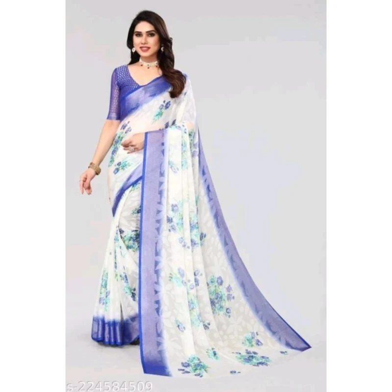 Generic Women's Viscose Rayon Printed Saree With Unstitched Blouse (Blue) - Image 4