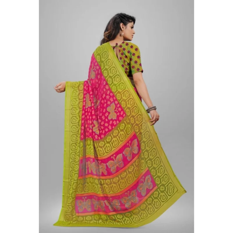 Generic Women's Viscose Rayon Printed Saree With Unstitched Blouse (Pink) - Image 3