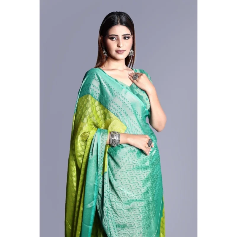 Generic Women's Viscose Rayon Printed Saree With Unstitched Blouse (Green) - Image 2