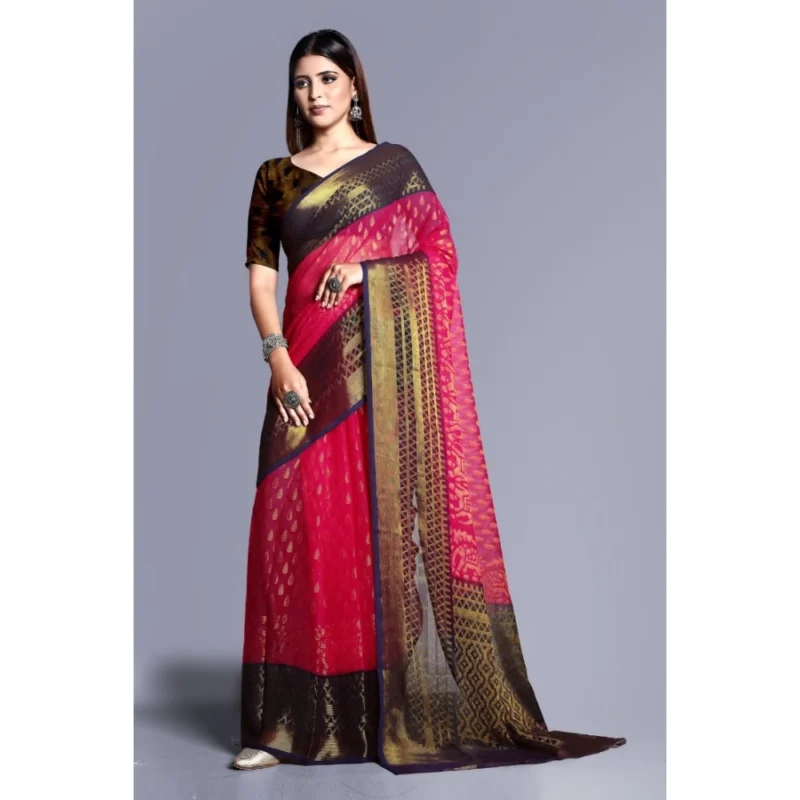 Generic Women's Viscose Rayon Printed Saree With Unstitched Blouse (Pink) - Image 4