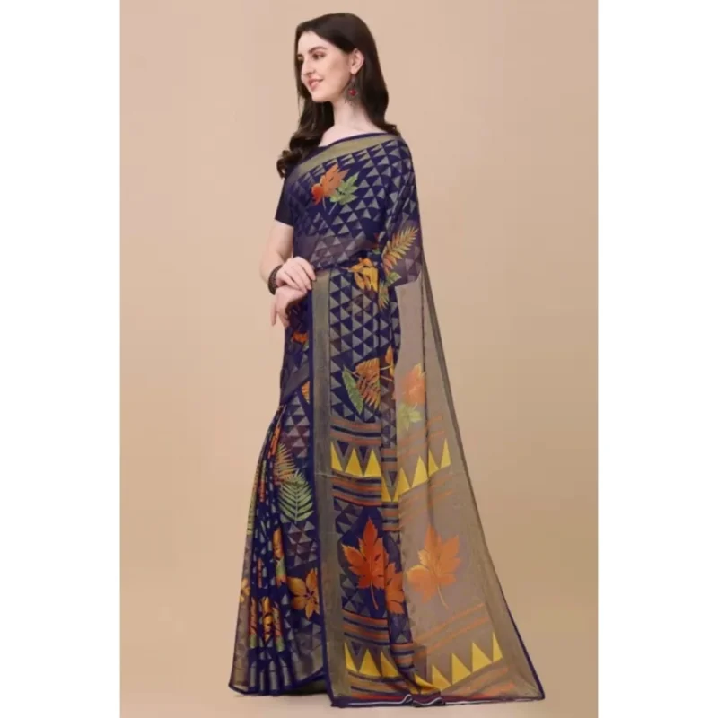Generic Women's Viscose Rayon Printed Saree With Unstitched Blouse (Navy Blue) - Image 3