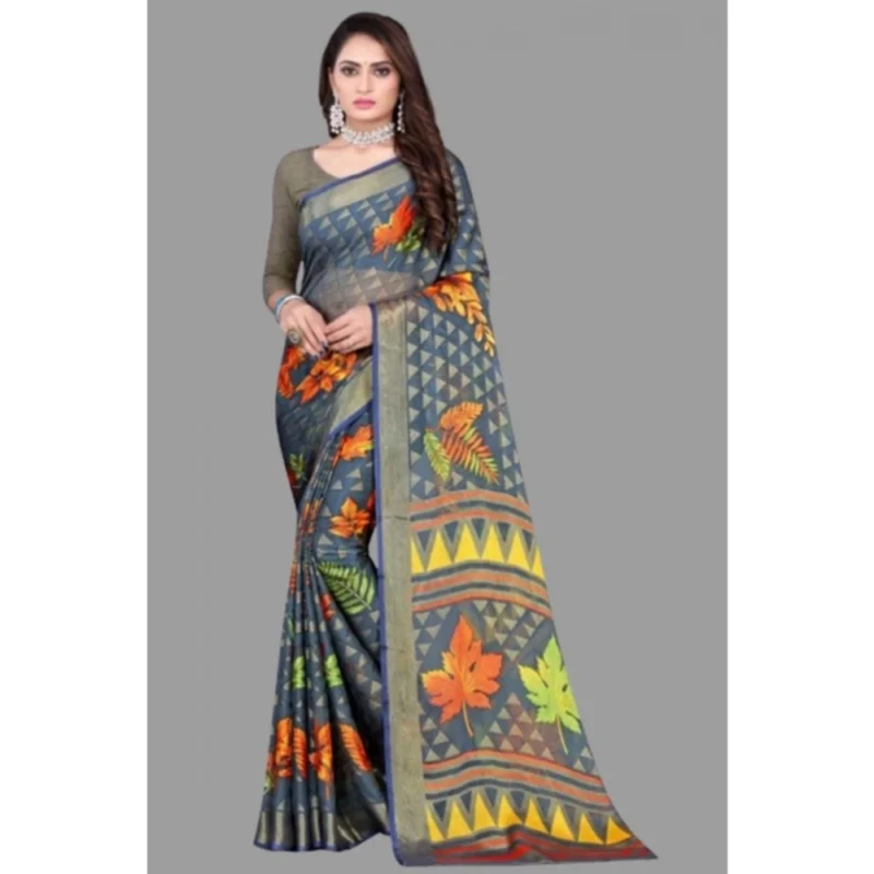Generic Women's Viscose Rayon Printed Saree With Unstitched Blouse (Grey) - Image 3