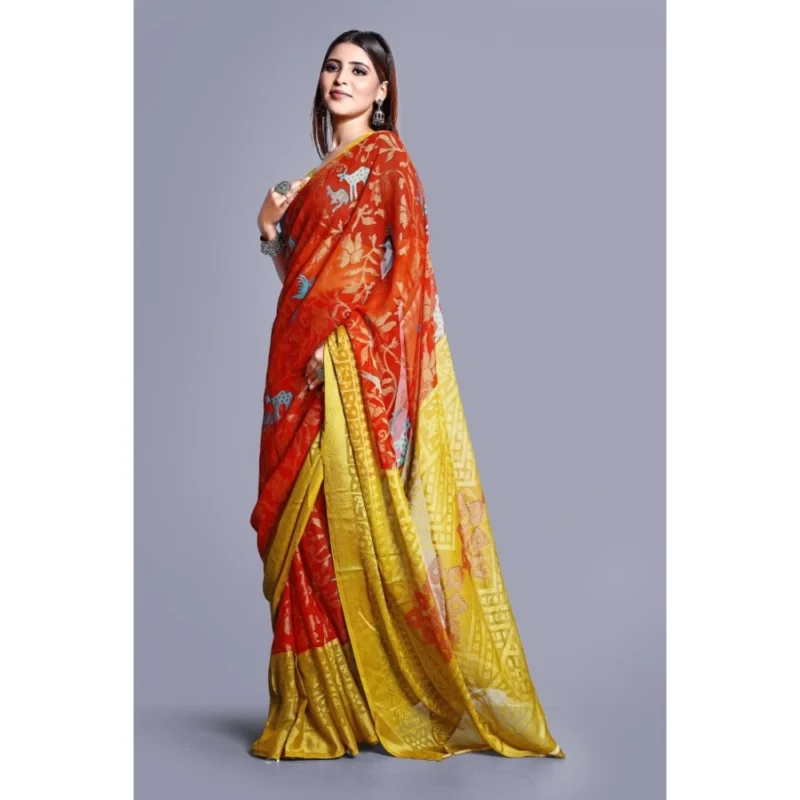 Generic Women's Viscose Rayon Printed Saree With Unstitched Blouse (Red) - Image 3