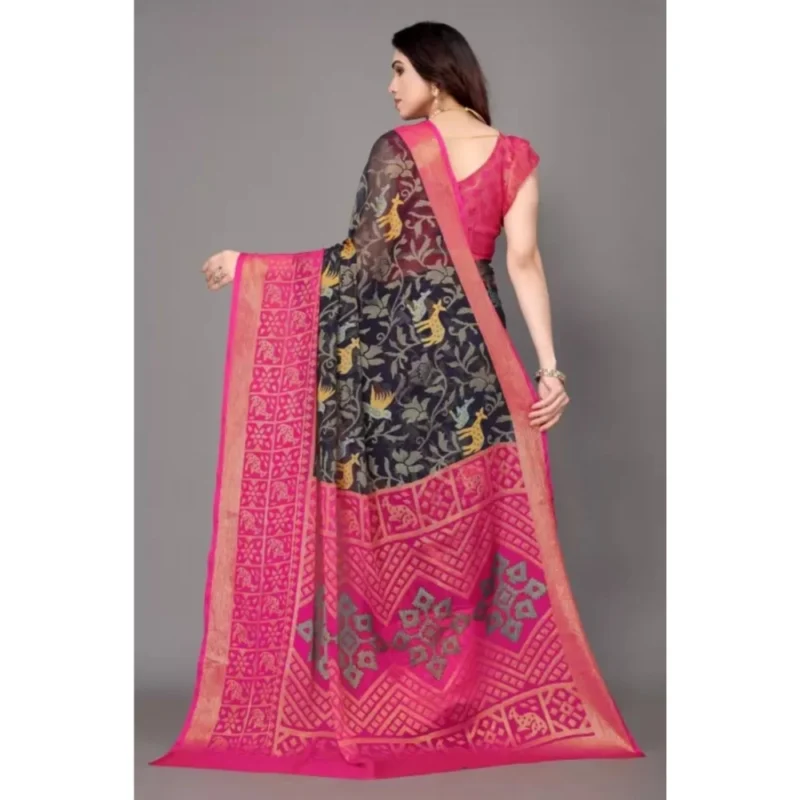 Generic Women's Viscose Rayon Printed Saree With Unstitched Blouse (Navy Blue) - Image 5