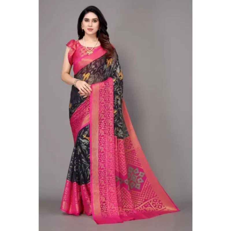 Generic Women's Viscose Rayon Printed Saree With Unstitched Blouse (Navy Blue) - Image 6