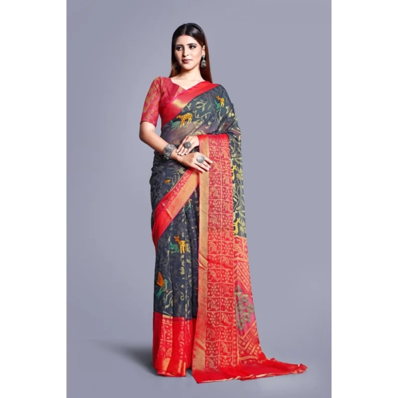 Generic Women's Viscose Rayon Printed Saree With Unstitched Blouse (Grey) - Image 5