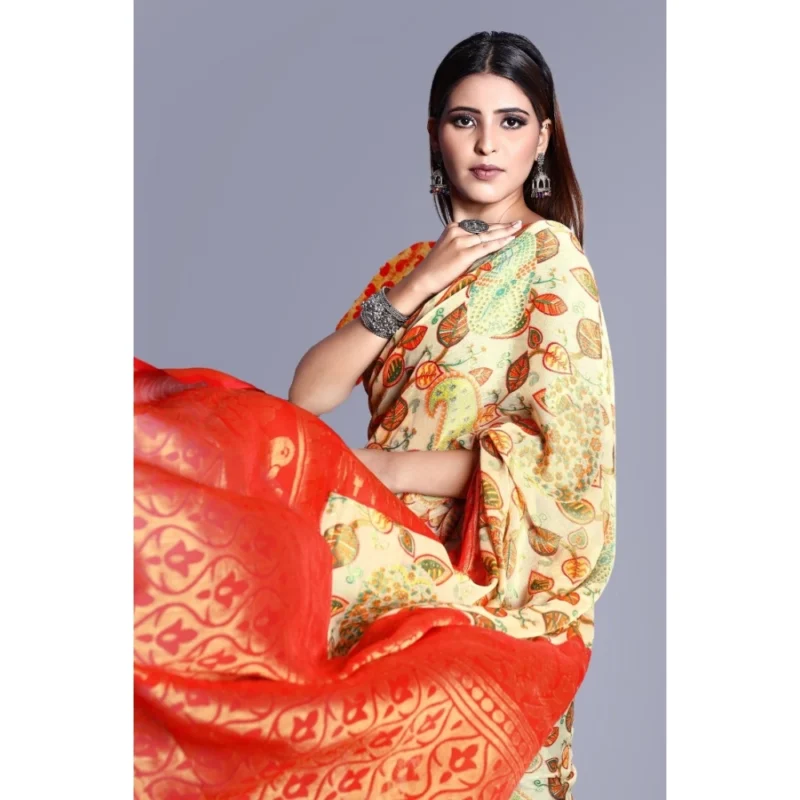 Generic Women's Viscose Rayon Printed Saree With Unstitched Blouse (Red) - Image 2