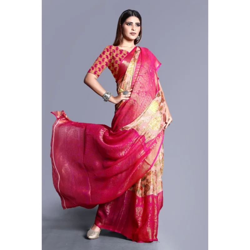 Generic Women's Viscose Rayon Printed Saree With Unstitched Blouse (Pink) - Image 3
