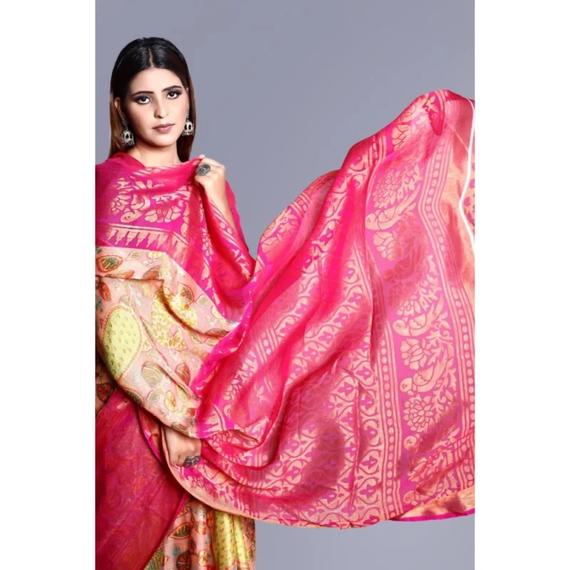 Generic Women's Viscose Rayon Printed Saree With Unstitched Blouse (Pink) - Image 2