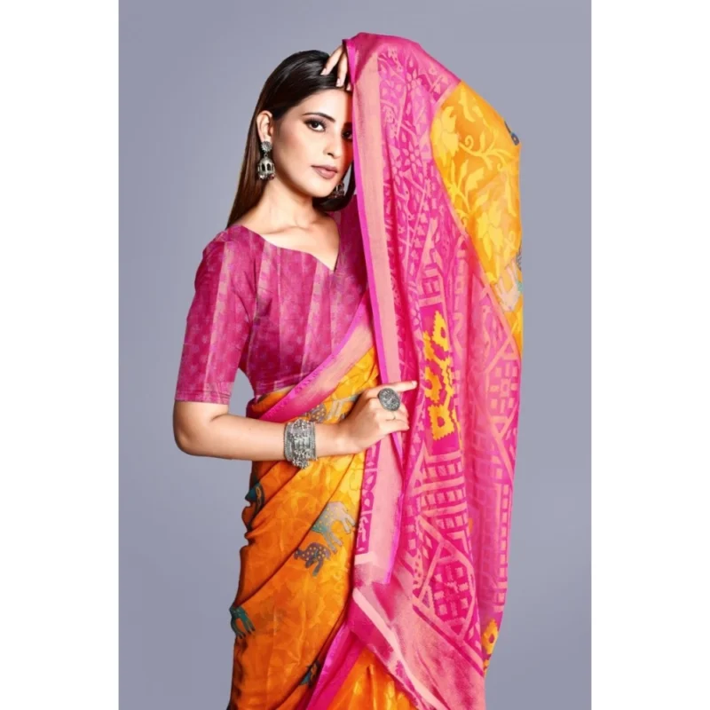 Generic Women's Viscose Rayon Printed Saree With Unstitched Blouse (Yellow) - Image 2