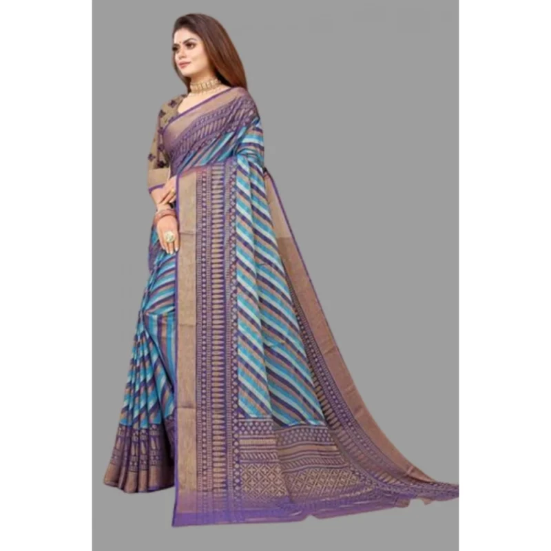 Generic Women's Viscose Rayon Printed Saree With Unstitched Blouse (Navy Blue) - Image 3
