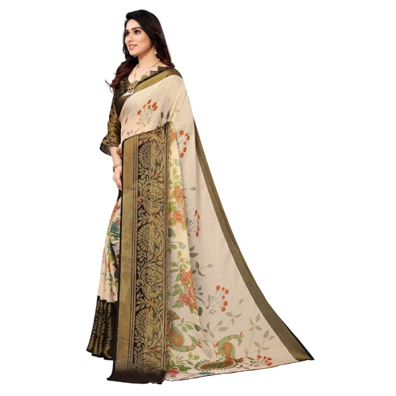 Generic Women's Viscose Rayon Printed Saree With Unstitched Blouse (Black) - Image 3