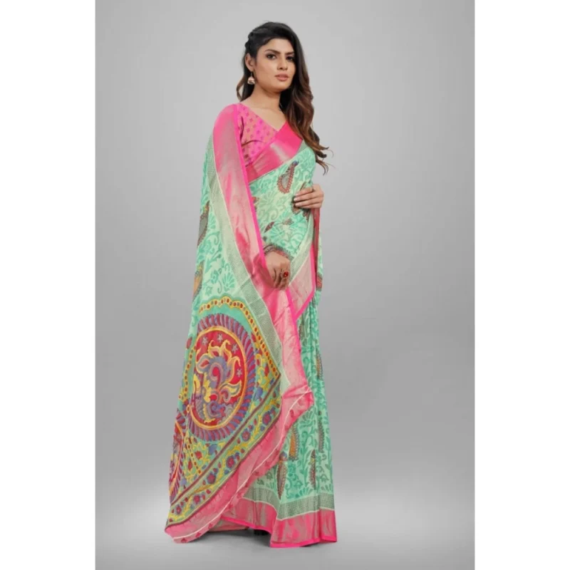 Generic Women's Viscose Rayon Printed Saree With Unstitched Blouse (Teal) - Image 4