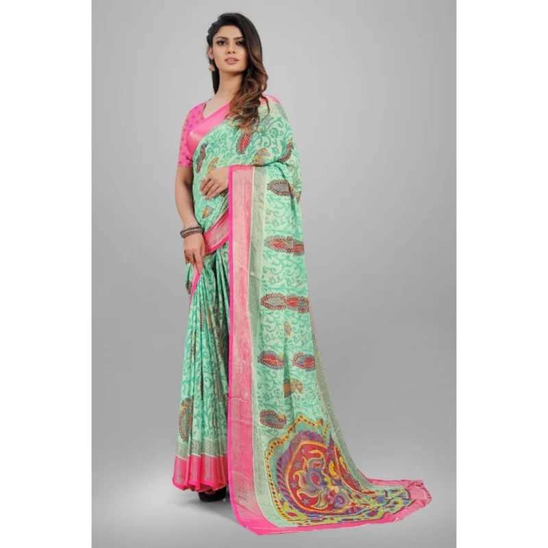 Generic Women's Viscose Rayon Printed Saree With Unstitched Blouse (Teal) - Image 5