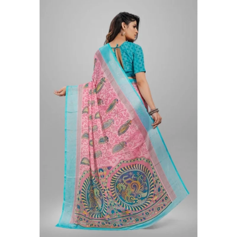 Generic Women's Viscose Rayon Printed Saree With Unstitched Blouse (Pink) - Image 2