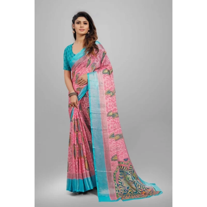 Generic Women's Viscose Rayon Printed Saree With Unstitched Blouse (Pink) - Image 4