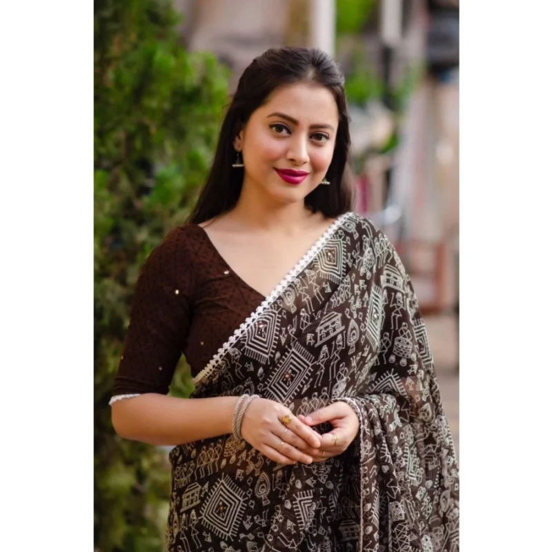 Generic Women's Georgette Printed Saree With Unstitched Blouse (Brown) - Image 2