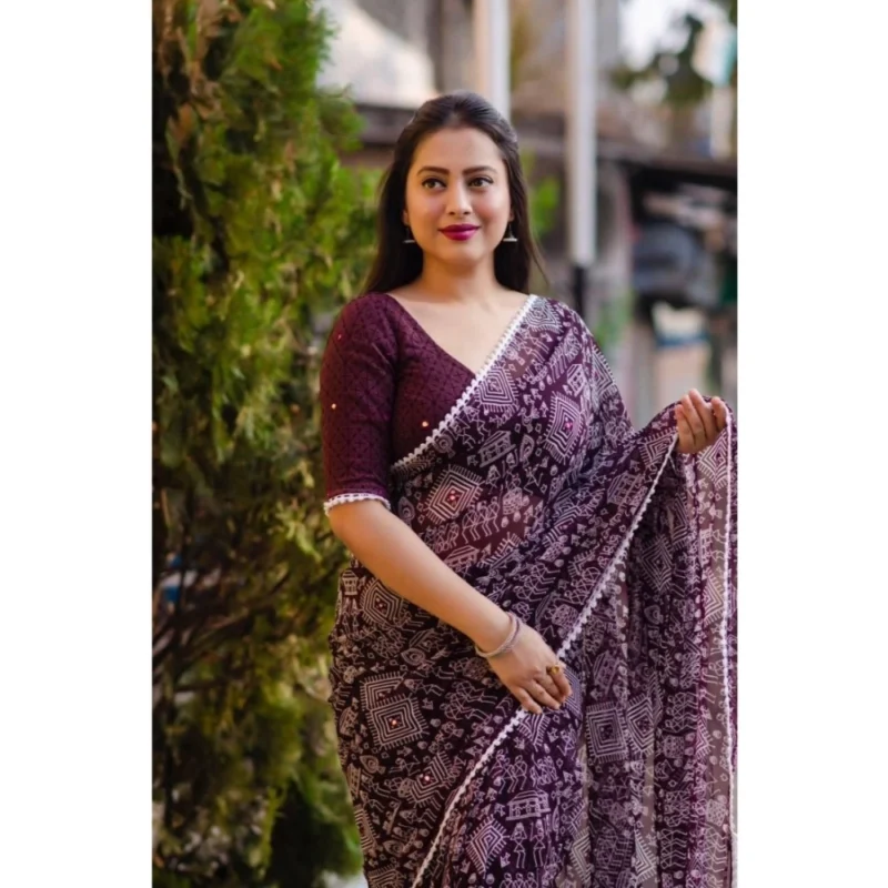 Generic Women's Georgette Printed Saree With Unstitched Blouse (Purple) - Image 2