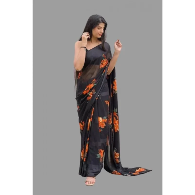 Generic Women's Satin Patta Printed Saree With Unstitched Blouse (Orange) - Image 2
