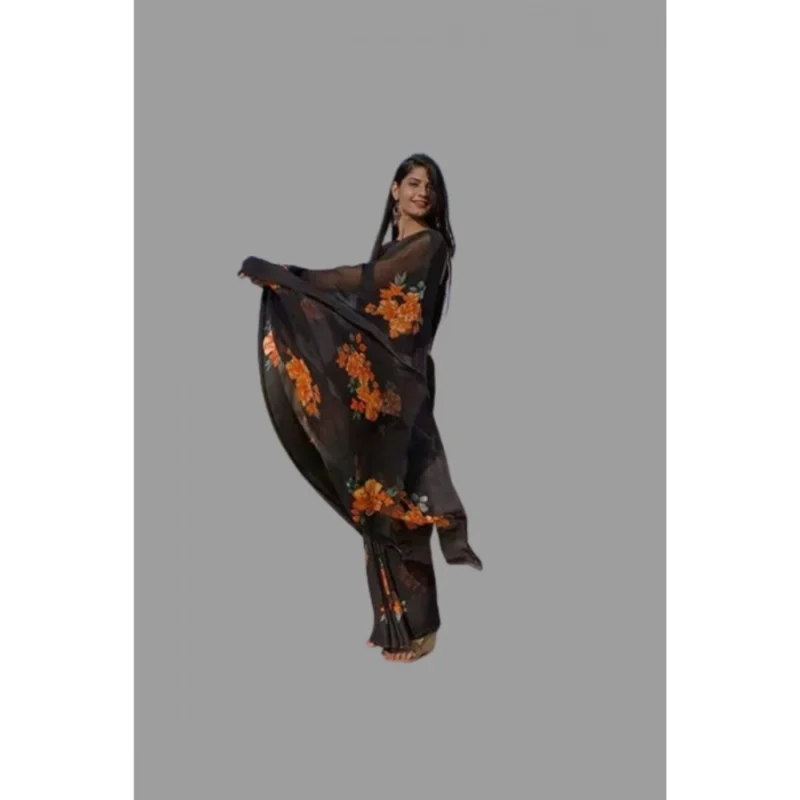 Generic Women's Satin Patta Printed Saree With Unstitched Blouse (Orange) - Image 3