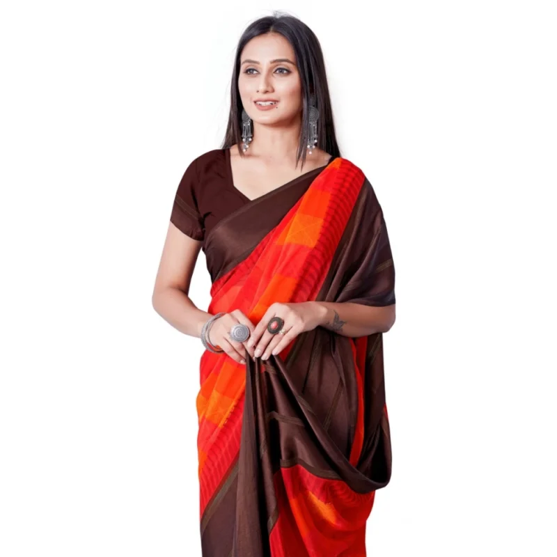 Generic Women's Satin Patta Printed Saree With Unstitched Blouse (Red) - Image 3