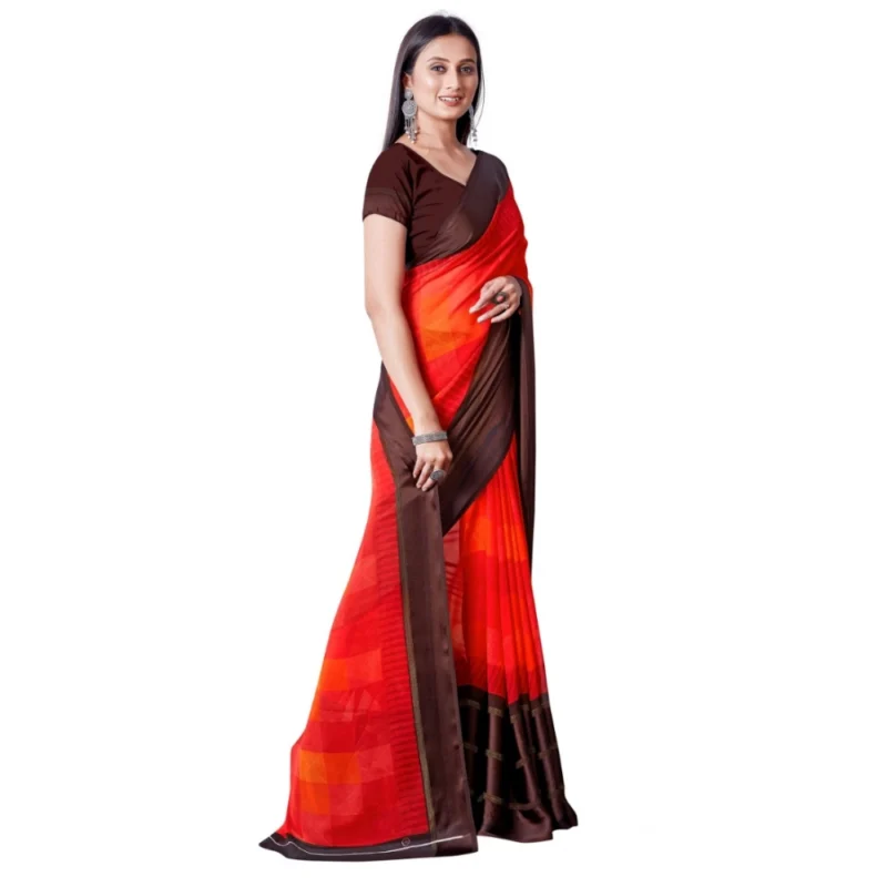 Generic Women's Satin Patta Printed Saree With Unstitched Blouse (Red) - Image 4