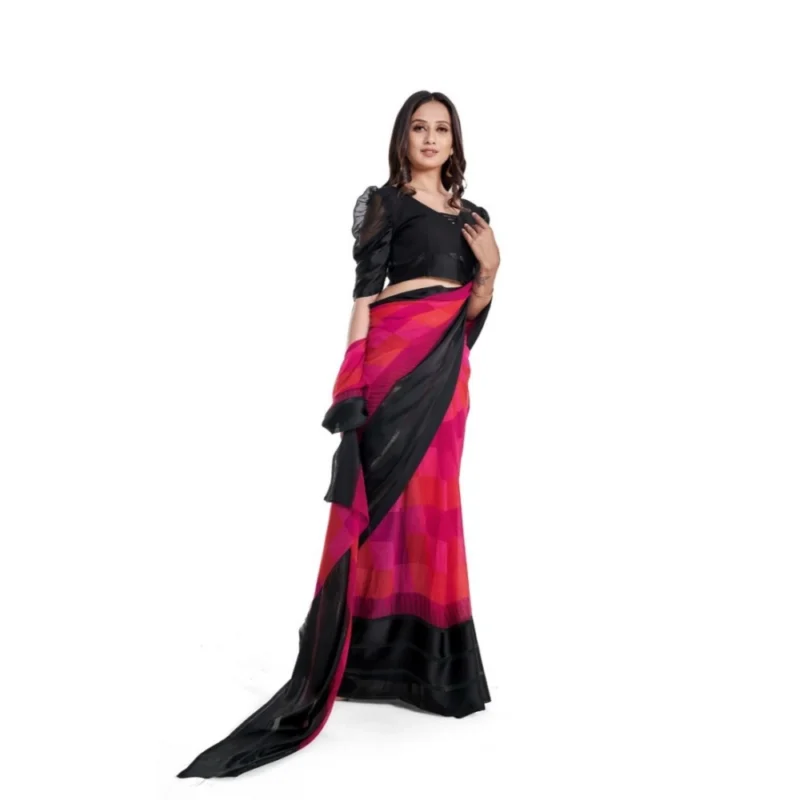 Generic Women's Satin Patta Printed Saree With Unstitched Blouse (Pink) - Image 2
