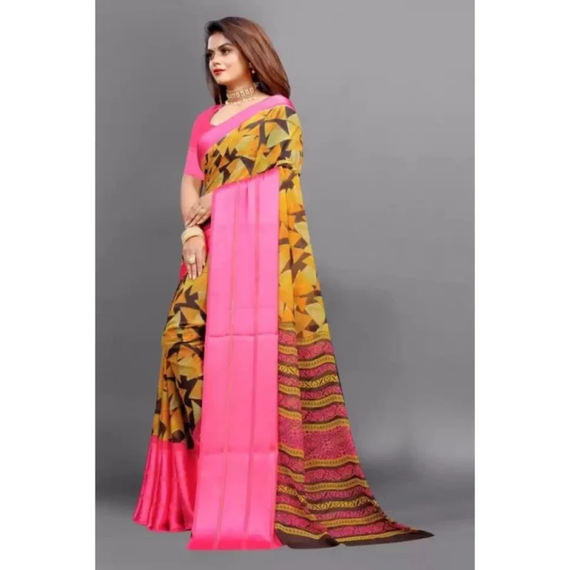 Generic Women's Satin Patta Printed Saree With Unstitched Blouse (Pink) - Image 4