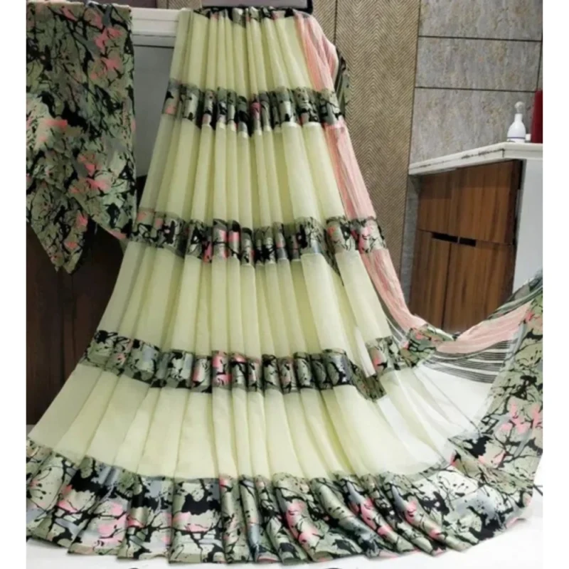 Generic Women's Satin Patta Printed Saree With Unstitched Blouse (Cream) - Image 2