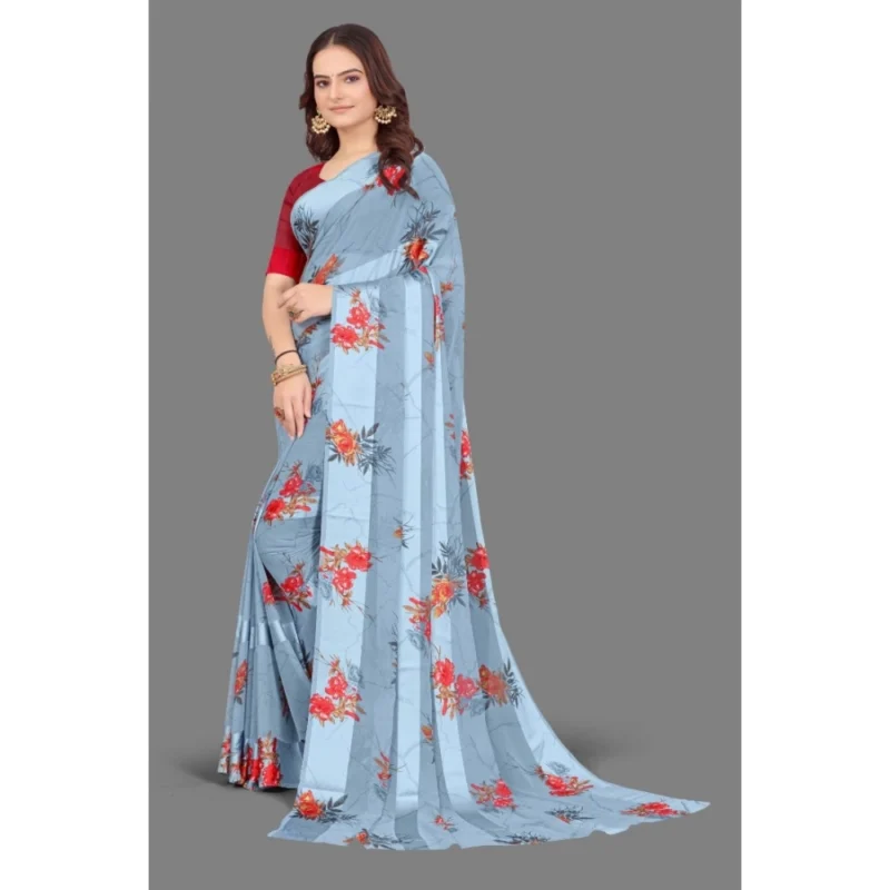 Generic Women's Satin Patta Printed Saree With Unstitched Blouse (Grey) - Image 5