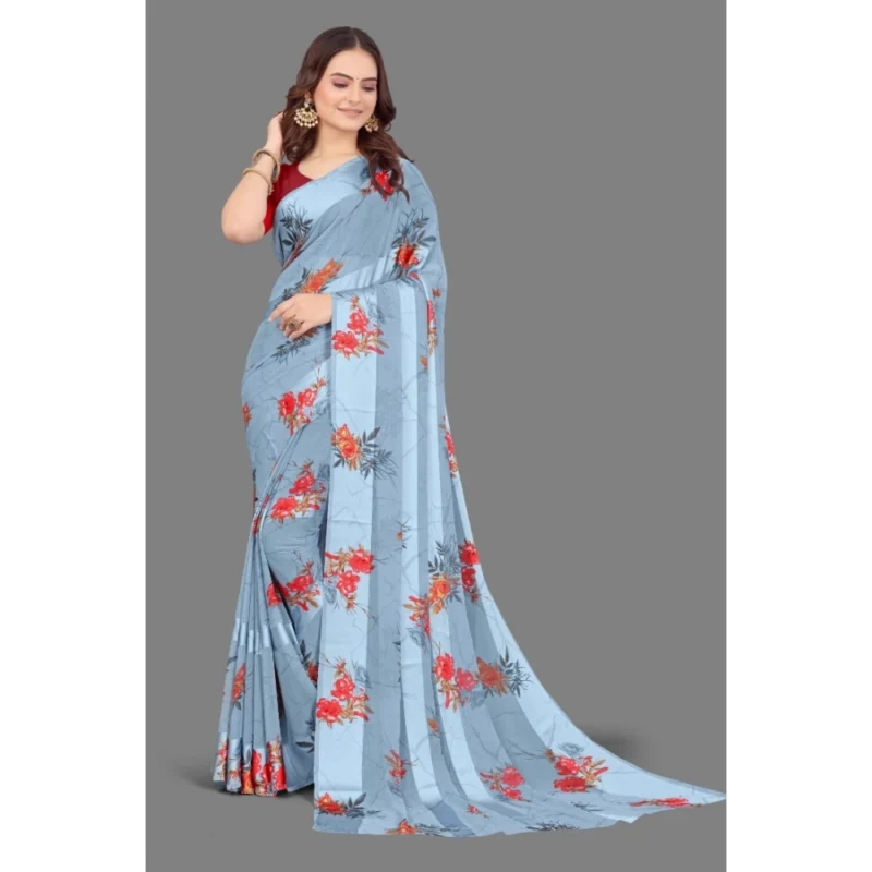 Generic Women's Satin Patta Printed Saree With Unstitched Blouse (Grey) - Image 2