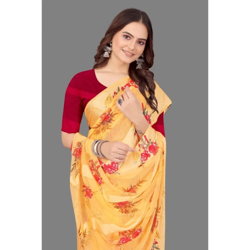 Generic Women's Satin Patta Printed Saree With Unstitched Blouse (Beige) - Image 3